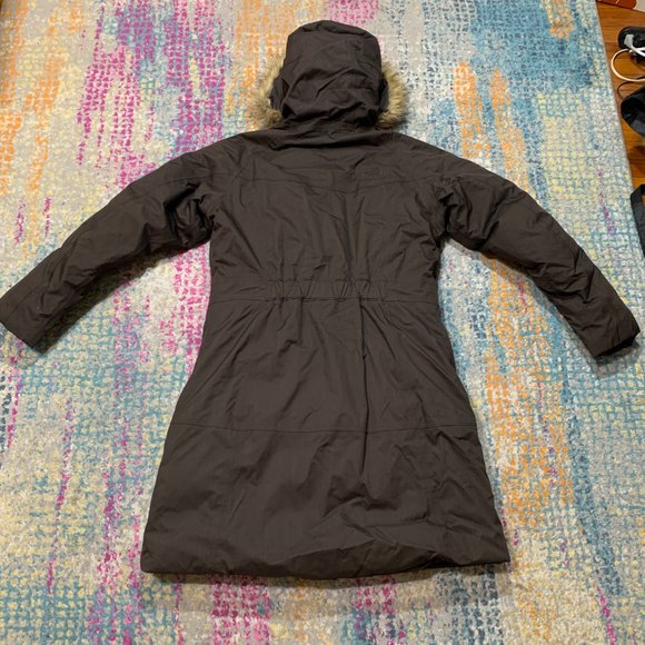 The North Face Goose Down Long Parka Coat Brown Hooded Fur Women's Size Large - Picture 9 of 10